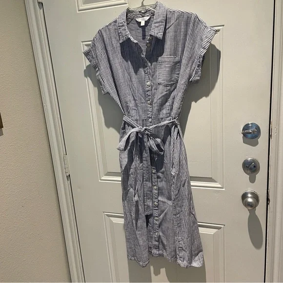 Time and Tru Blue White Striped Midi Shirt Dress Size Medium Tie Waist A-Line - Picture 9 of 11